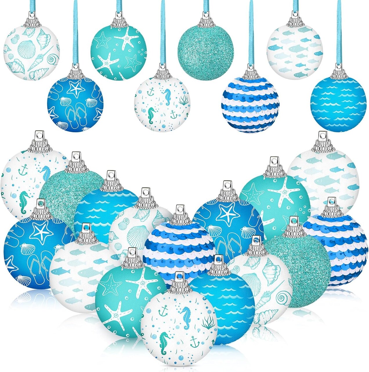 16 Pcs Summer Ornaments for Tree, 1.57 inch Beach Ocean Decorations Coastal Starfish Seashells Wave Hanging Ball Decor Blue Shiny Summer Ball Ornaments for Holiday Party Favor Decorative (Ocean)